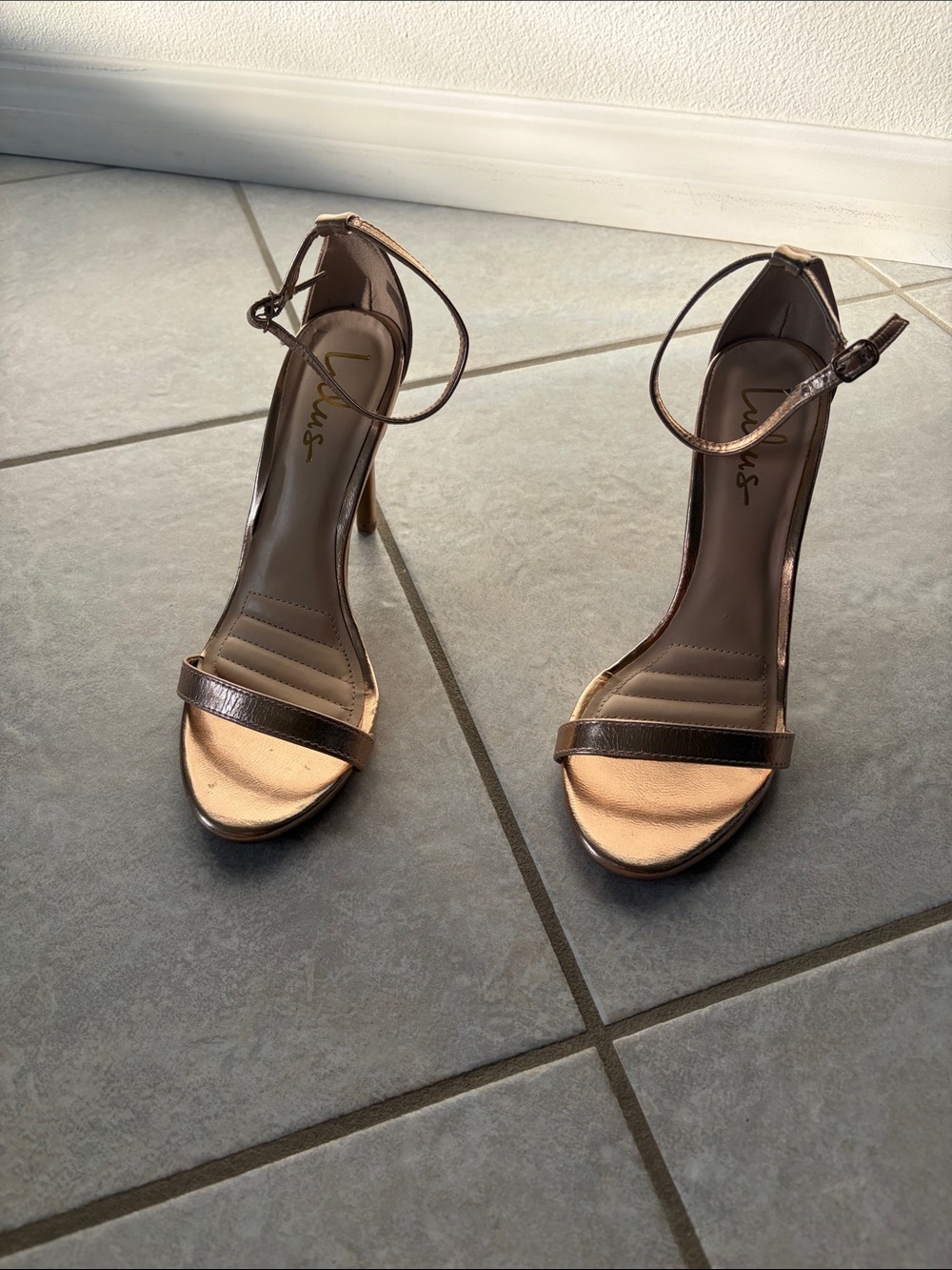 Lulu's Metallic Gold Ankle-Strap Stiletto Sandals